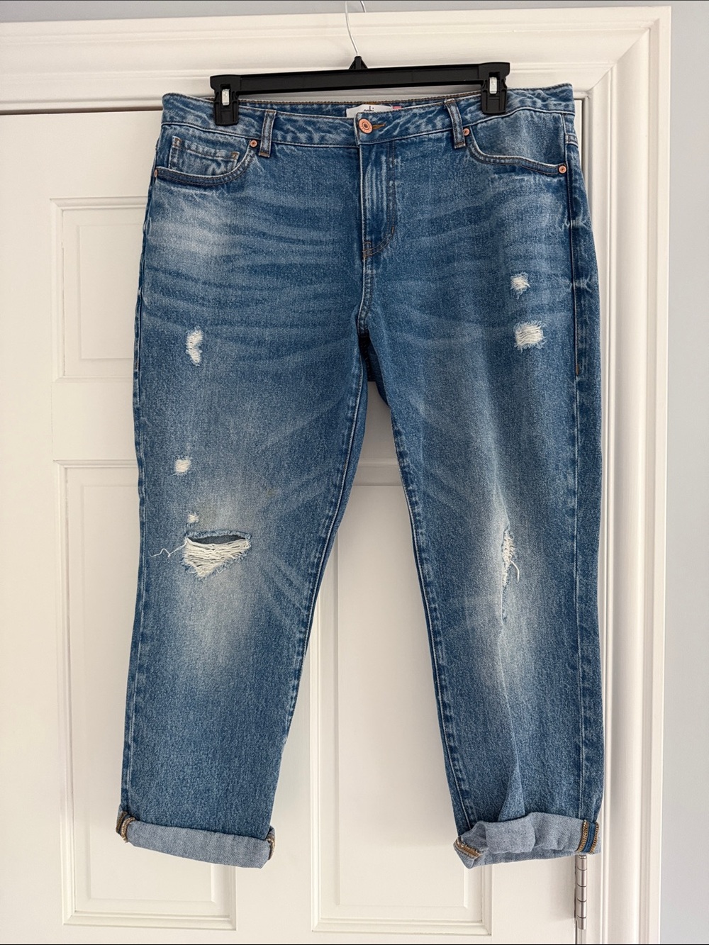 CAbi Boyfriend Jeans in Medium Blue Distress